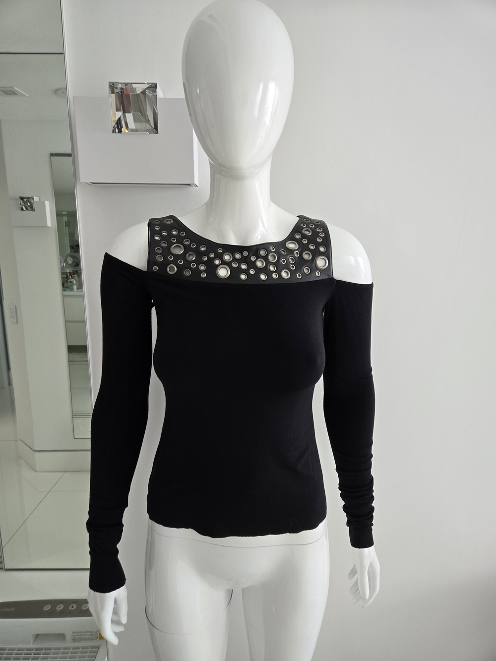 Bailey 44 Black Cold-Shoulder Top with Leather, Grommet Neckline, Size XS